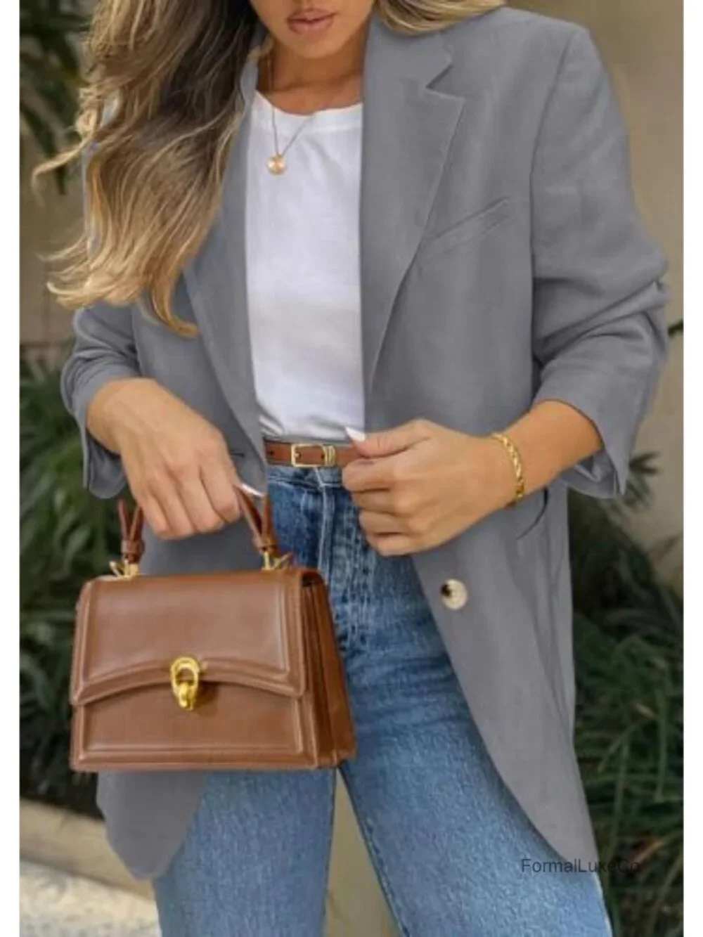 Long Sleeve Lapel Open Front Suit Jacket Work Blazer with Pockets